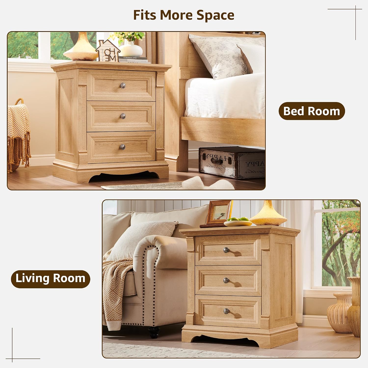 T4TREAM 24' Wide 3 Drawer Dressers, Farmhouse 26' Tall Bedside Side Table with 3 Drawers, Wooden Side Table with Roman Column, End Table for Bedroom, Living Room, Hallway, Oak