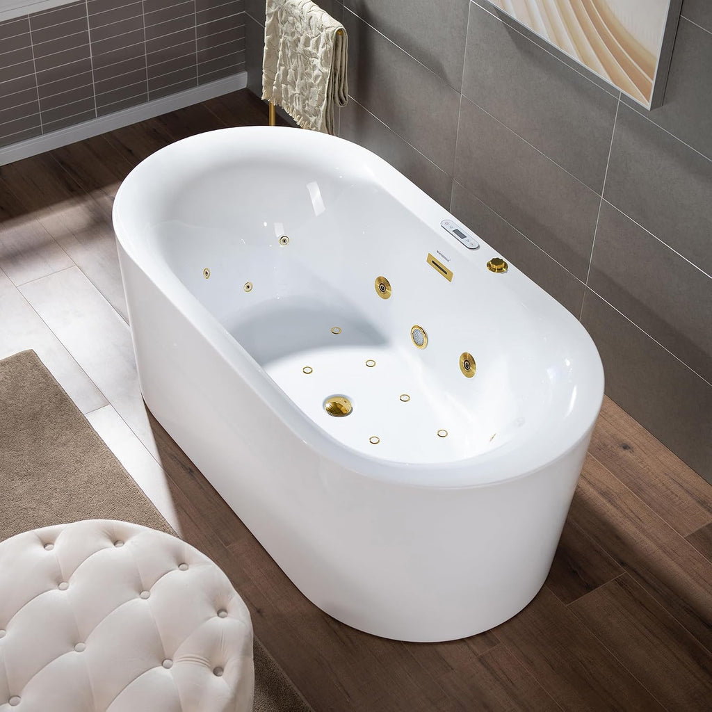 WOODBRIDGE 59' x 31-1/2' Whirlpool and Air Bath Heated Soaking Combination Tub with Adjustable Speed Air Blower and Display Control Panel, Brushed Gold Finish Trim and Drain Kit,BG100