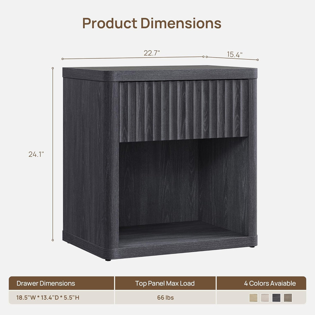 SICOTAS Night Stand Nightstand with Drawer Storage Fluted Bed Side Table End Table Large Modern Wide Bedside Mid Century Night Stands for Bedroom Living Room Sofa Couch Home Office, Dark Grey Alder