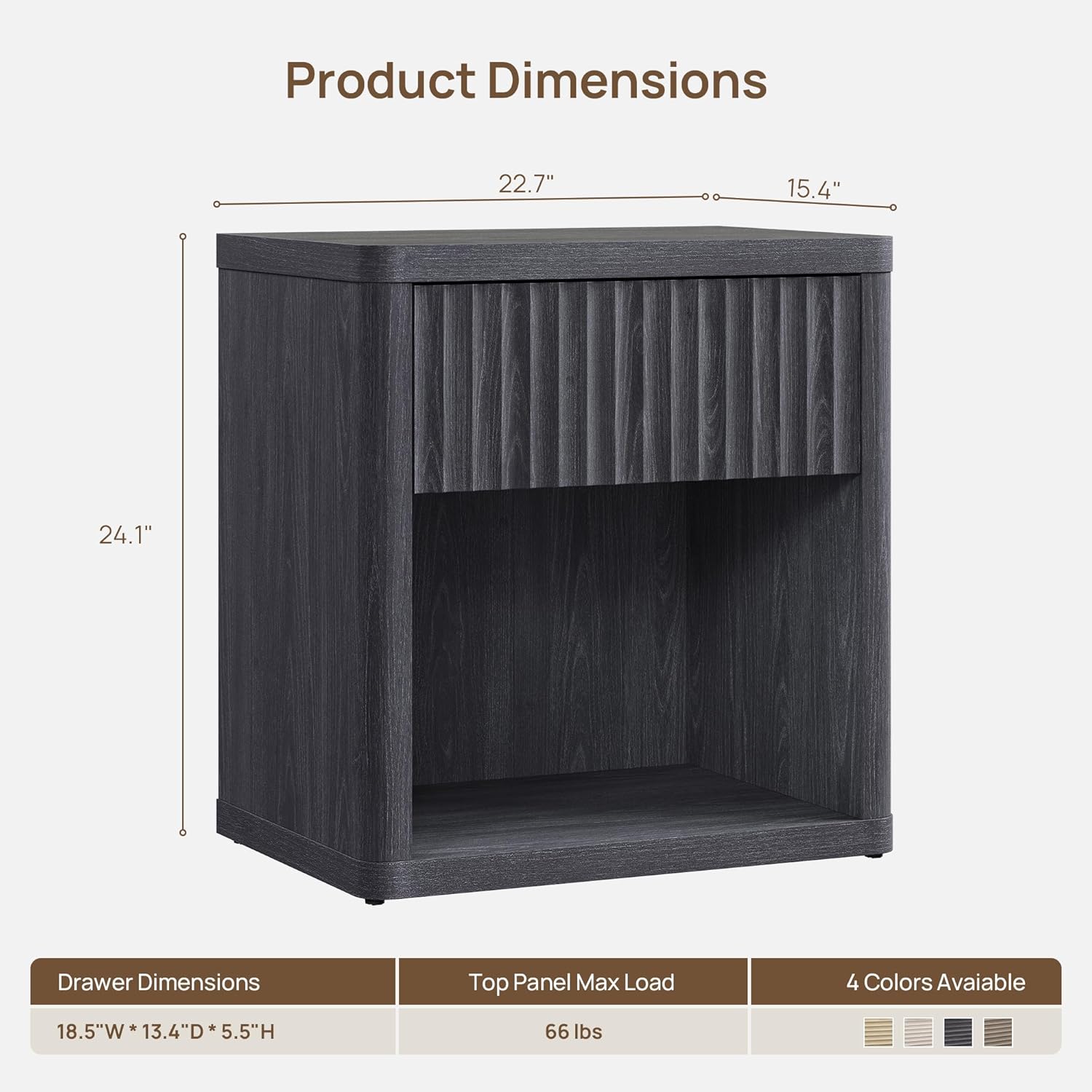 SICOTAS Night Stand Nightstand with Drawer Storage Fluted Bed Side Table End Table Large Modern Wide Bedside Mid Century Night Stands for Bedroom Living Room Sofa Couch Home Office, Dark Grey Alder
