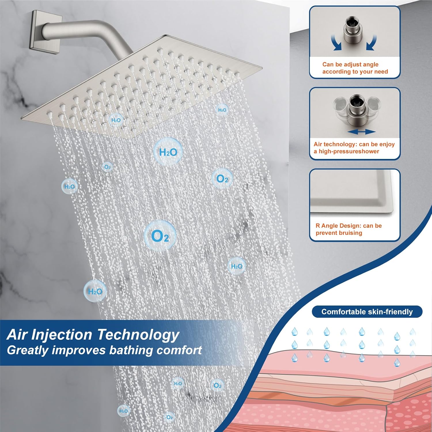 Midanya Brushed Nickel Single Handle Slotted Waterfall Vanity Bathroom Sink Faucets with 8 Inch Brushed Nickel Rain Shower System Tub Shower Faucet Set Square Waterfall Tub Spout