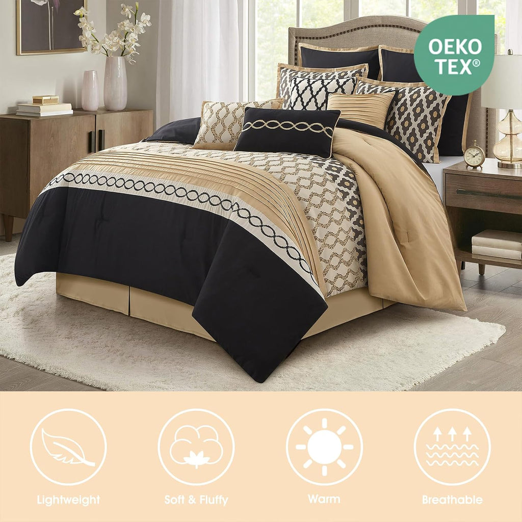 LANCO MODERN LIFESTYLE California King Comforter Set, Black Gold, 10 Piece Bed in a Bag for All Seasons, Luxury Extreme Comfort Bedding Sets with Bedskirt, Pillow Shams, Euro Shams and Decor Pillows