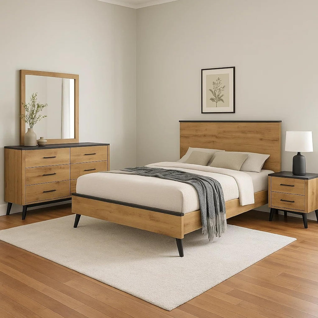 Benzara Wemy 4 Piece Queen Size Bed Set, Rustic Brown Pine Wood, Tapered Legs