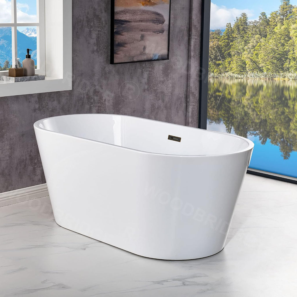 WOODBRIDGE 54' Acrylic Freestanding Bathtub Contemporary Soaking White Tub with Oil-Rubbed Bronze Overflow and Drain,B1702-ORB