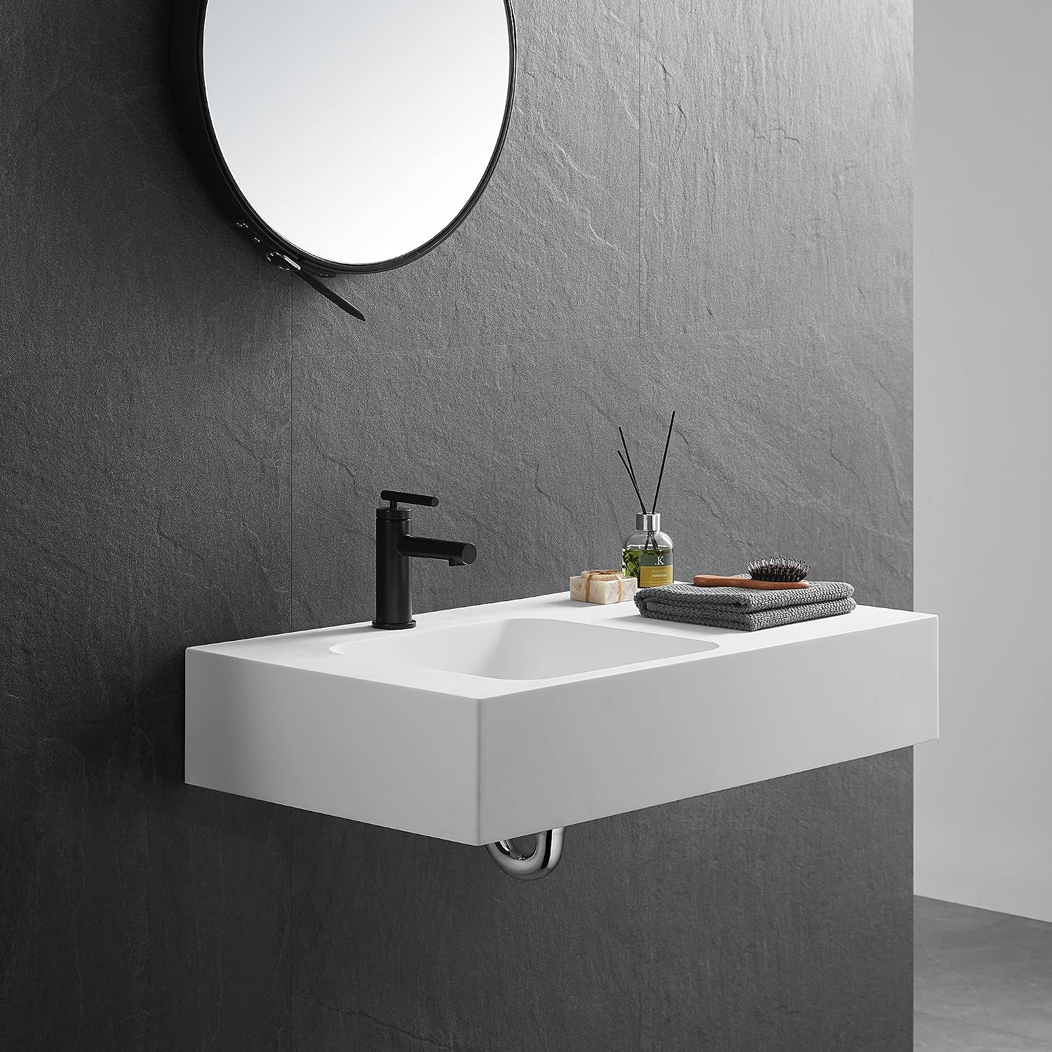 Serene Valley Bathroom Sink, Wall-Mount or On Countertop, 32' with Square Sink and Flat Space, Single Faucet Hole, Solid Surface Material