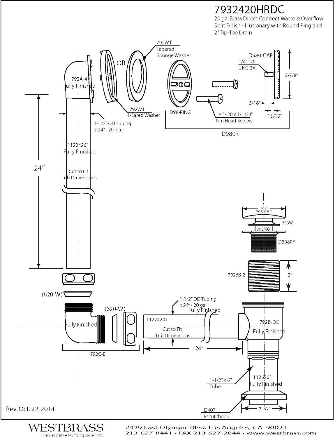 Westbrass 24' Direct Outlet Semi-Exposed Waste & Overflow with Tip-Toe Drain, Oil Rubbed Bronze, 7932420HRDC-12