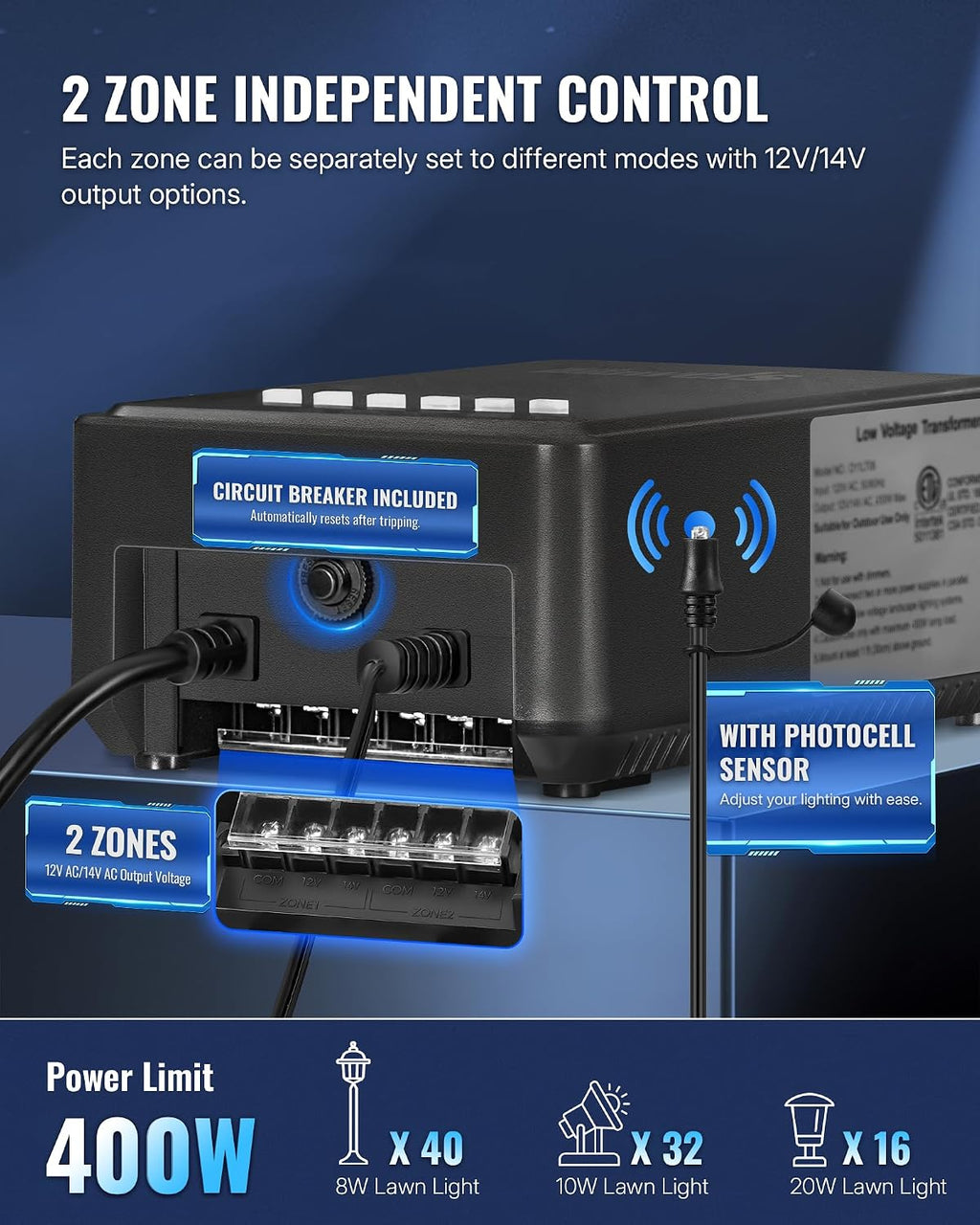 400W Low Voltage Landscape Transformer, 2 Zone Independent Control 120VAC to 12/14V AC Low Voltage Transformer, Landscape Lighting Transformer with Timer & Photocell Sensor ETL Listed D28LT06