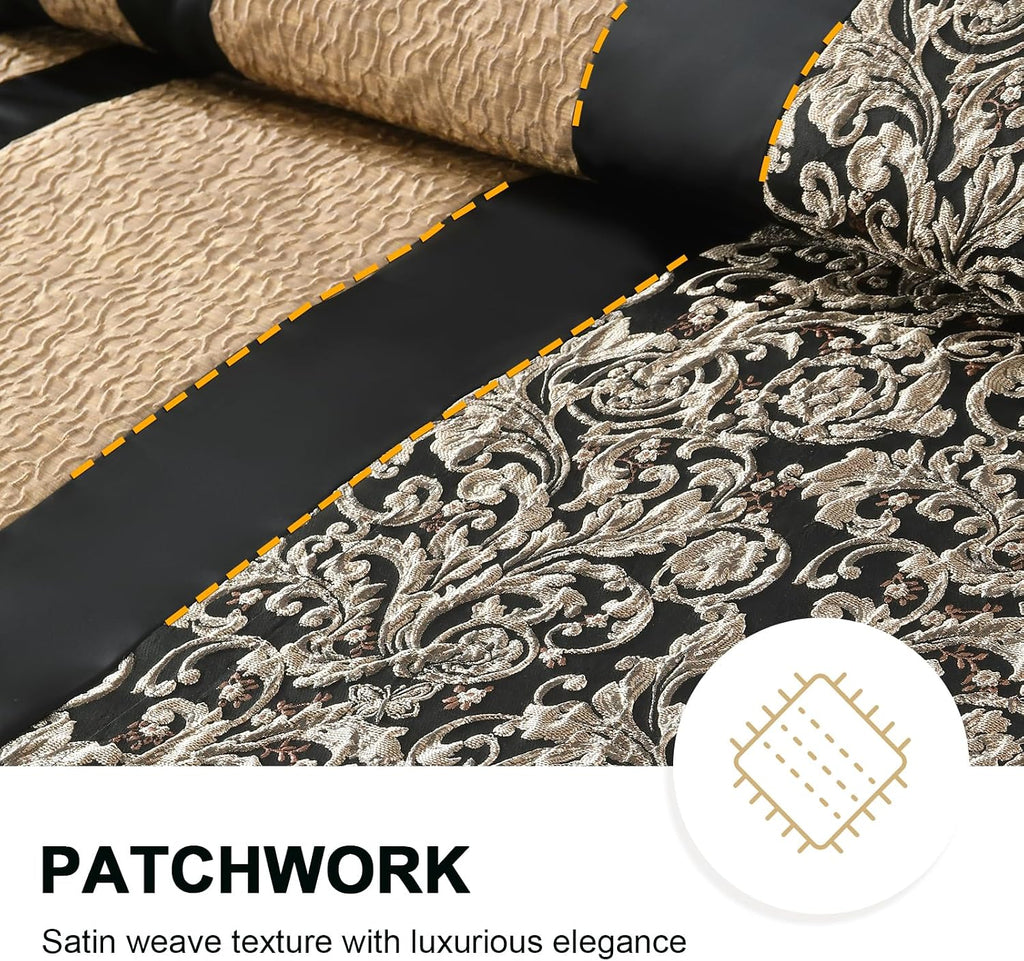 PANGUSHAN 7 Pieces Comforter Set King Size, Luxury Silky Elegant Jacquard Fluffy Reversible Bedding Set with Bed Skirt, Shams and Pillows, Bed in a Bag King, Down Alternative, Black/Gold