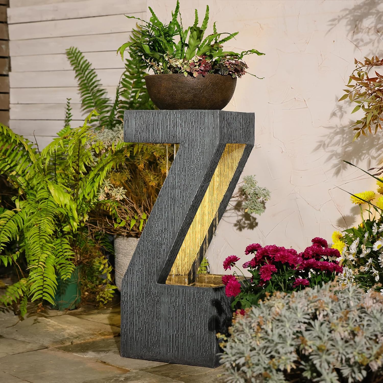 32' Modern Z-Shaped Rain Curtain Outdoor Fountain with LED Lights, Gray Resin Cascading Waterfall Water Feature for Patio, Backyard, Garden or Porch