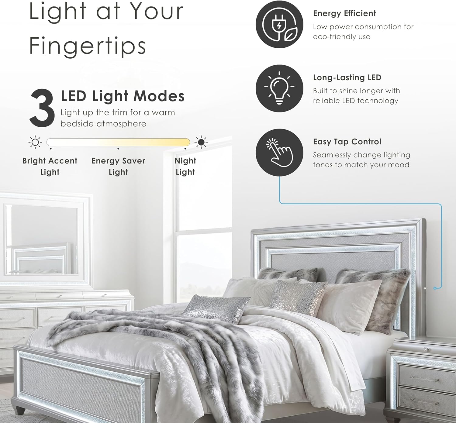 Furniture of America Silvia Glam Solid Wood 5-Piece Bedroom Set with Layered Frame Bed, Faux Crystal Trim LED on Nightstands and Dresser with Mirror, Box Spring Needed for Bedroom, King, Silver