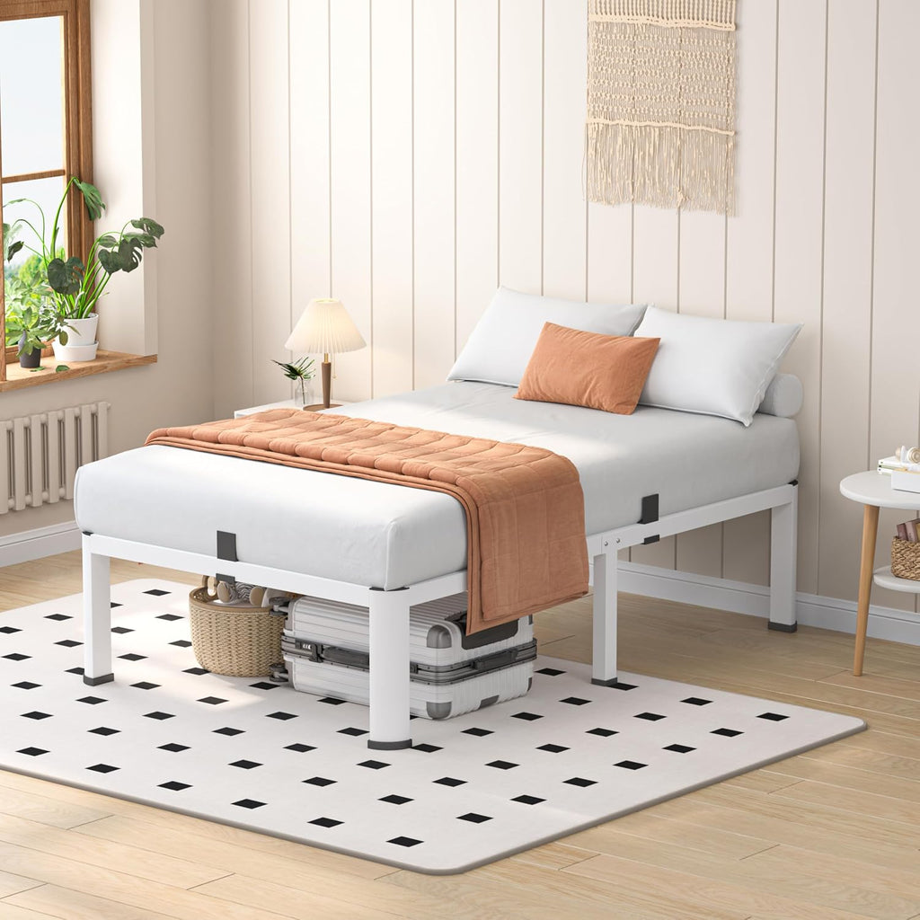 VIPSHOW 14 Inch White Queen Heavy Duty 3500 lbs Bed Frame with Round-Corner Legs & Anti-Squeak Design – Quick Assembly Metal Platform, No Box Spring Needed