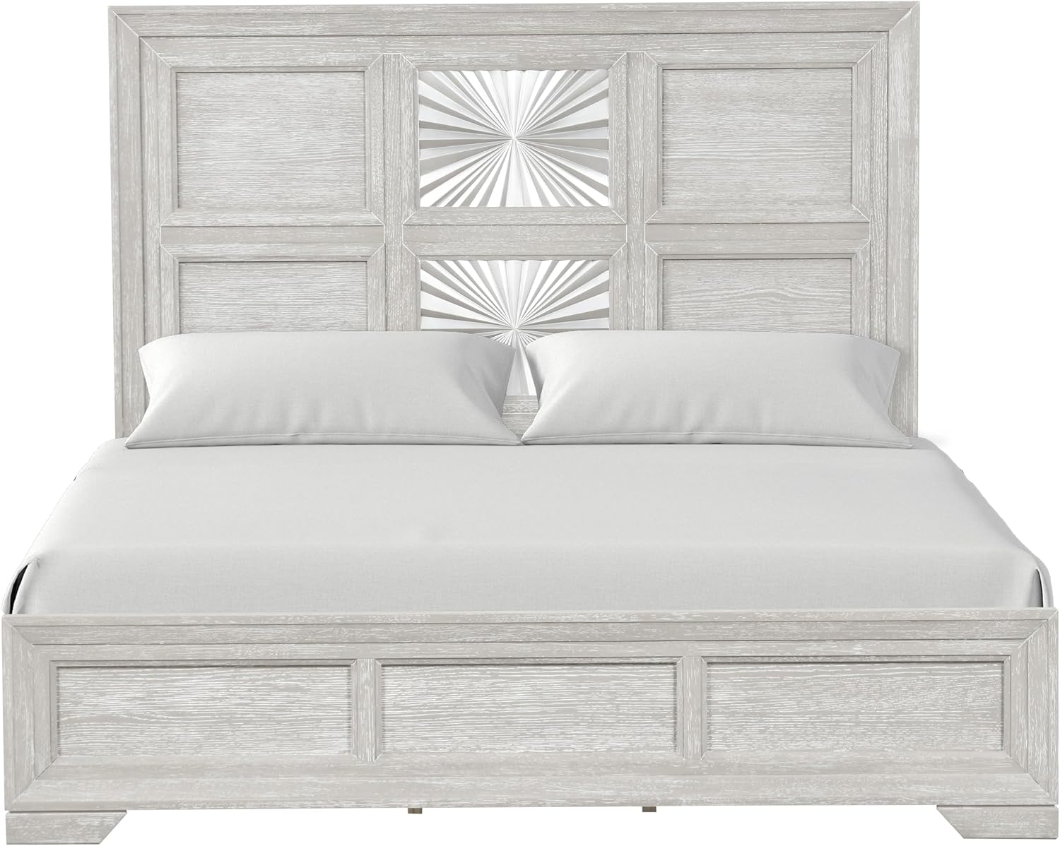 Furniture of America Narella Modern Wood 5-Piece Bedroom Set with Sunburst Pattern, Nickel Brushed Wire Hardware, Felt-Lined Top Drawers, Bracketed Feet, Box Spring Needed, King, Light Gray