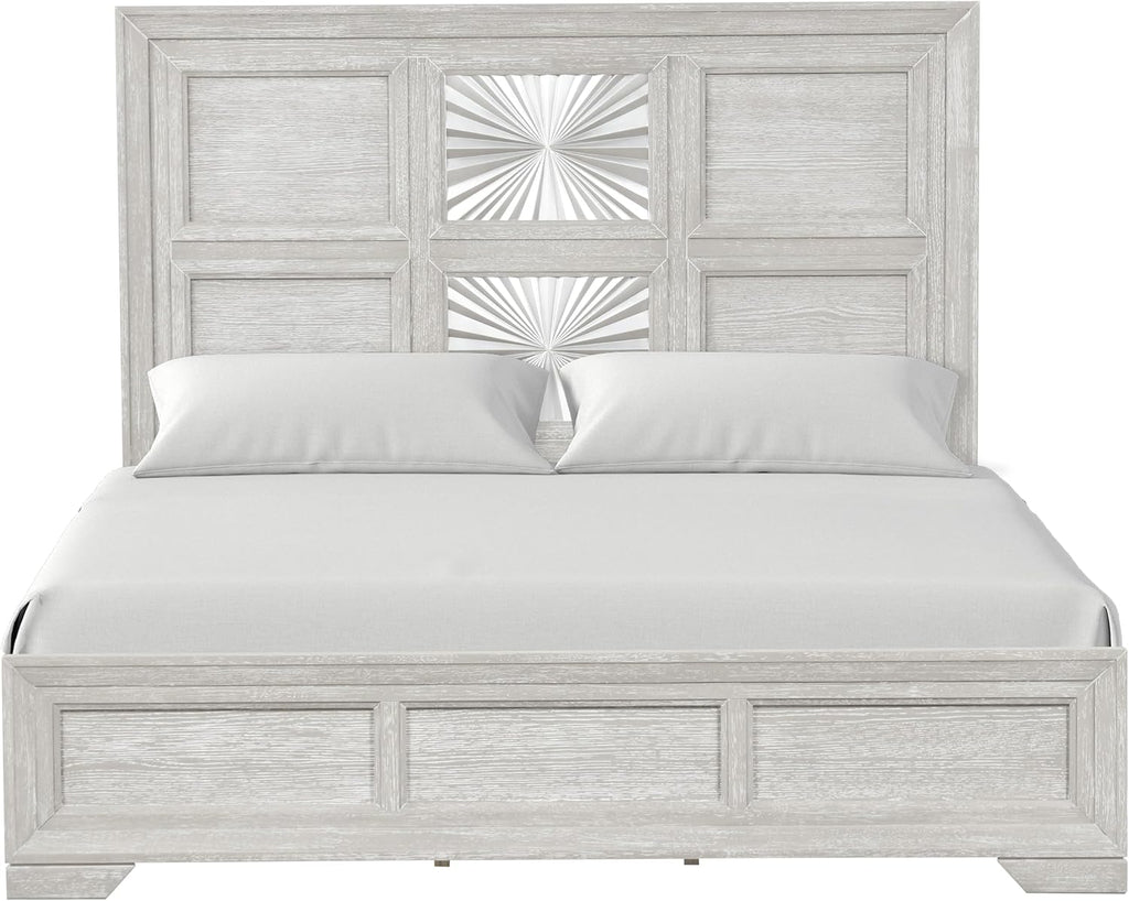 Furniture of America Narella Modern Wood 5-Piece Bedroom Set with Sunburst Pattern, Nickel Brushed Wire Hardware, Felt-Lined Top Drawers, Bracketed Feet, Box Spring Needed, Queen, Light Gray