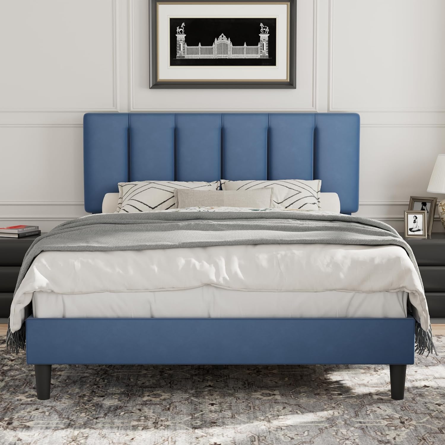 VECELO Queen Bed Frame with Upholstered Headboard, Heavy-Duty Platform Bedframe with Strong Wooden Slats Support, No Boxing Spring Needed, Dark Blue
