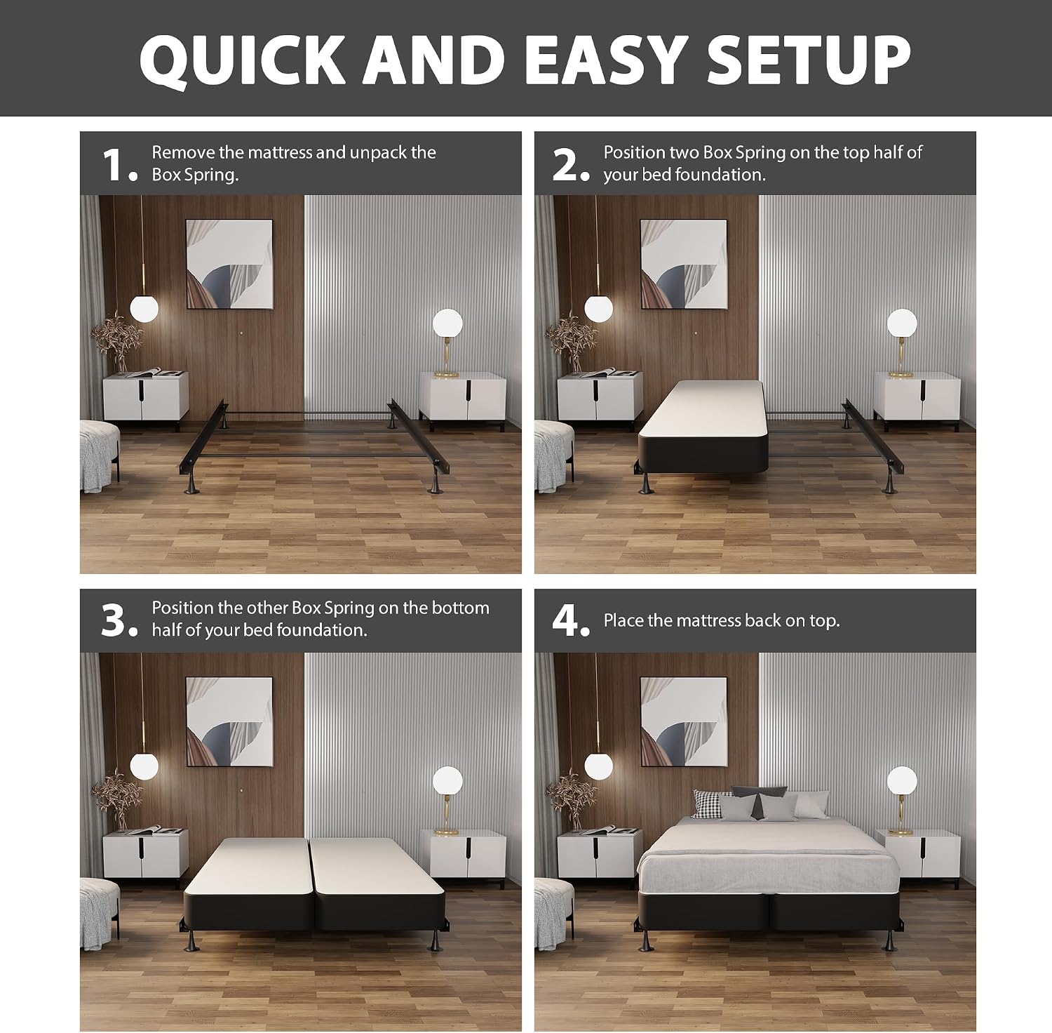 Greaton, Box Spring Bed Base Full Size, 4-Inch Wood Mattress Foundation – Amish Made in USA – Quiet Noise Free, 2-Pieces Under Mattress-Support BoxSpring, Fully Assembled, Gray