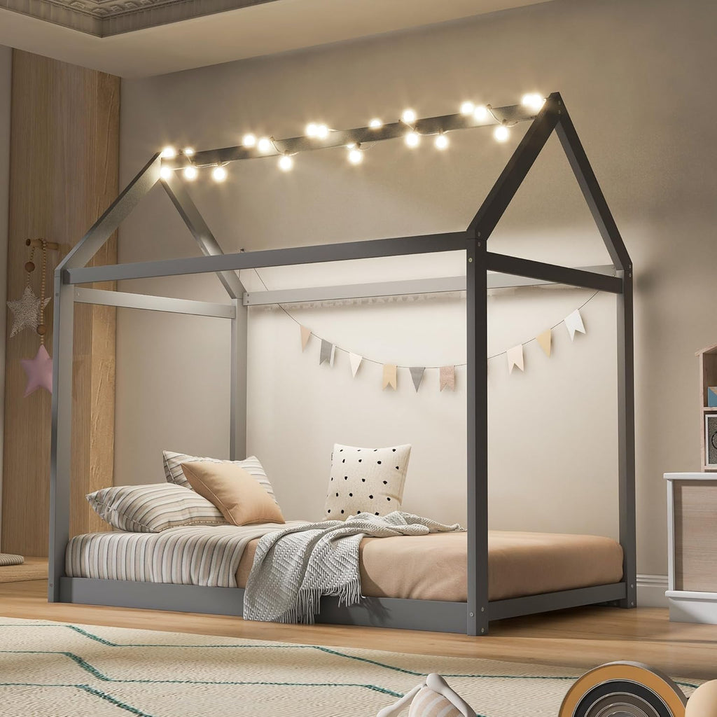 Merax Wood House Bed,Floor Bed with Light and Wood Slats,No Box Spring Needed,Twin Size, Grey