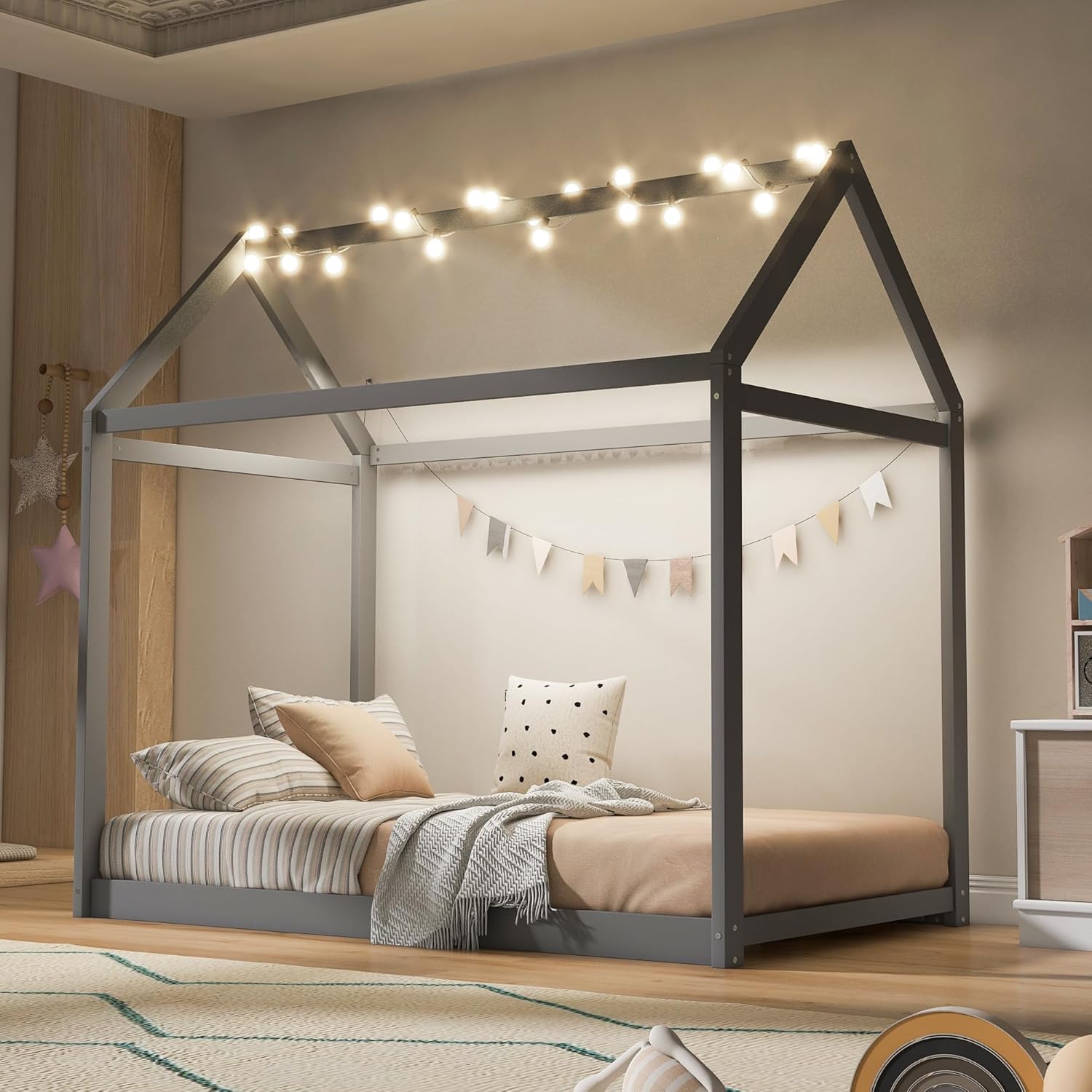 Merax Wood House Bed,Floor Bed with Light and Wood Slats,No Box Spring Needed,Twin Size, Grey