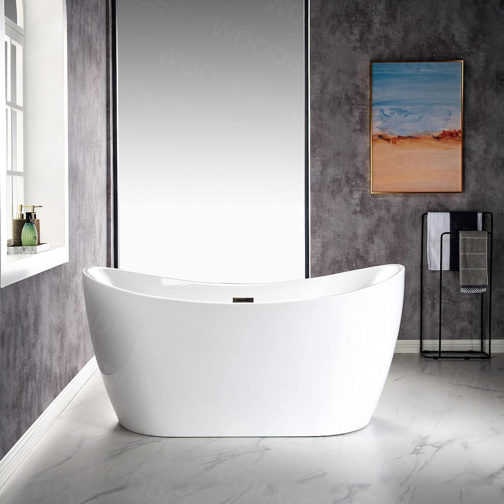 WOODBRIDGE 59' Acrylic Freestanding Bathtub Contemporary Soaking White Tub with Oil Rubbed Bronze Overflow and Drain,B0016-ORB