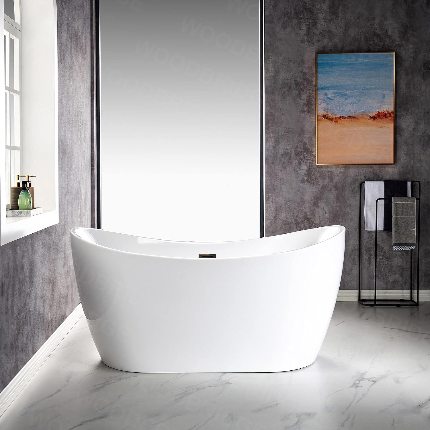 WOODBRIDGE 59' Acrylic Freestanding Bathtub Contemporary Soaking White Tub with Oil Rubbed Bronze Overflow and Drain,B0016-ORB