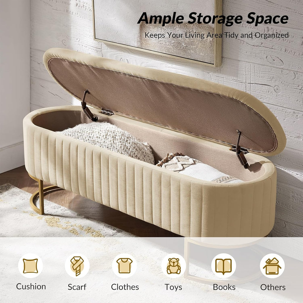 50.5' Velvet Storage Ottoman Bench with Gold-Toned Legs, Luxury Upholstered End of Bed Multi-Functional Footrest & Seat for Bedroom & Entryway