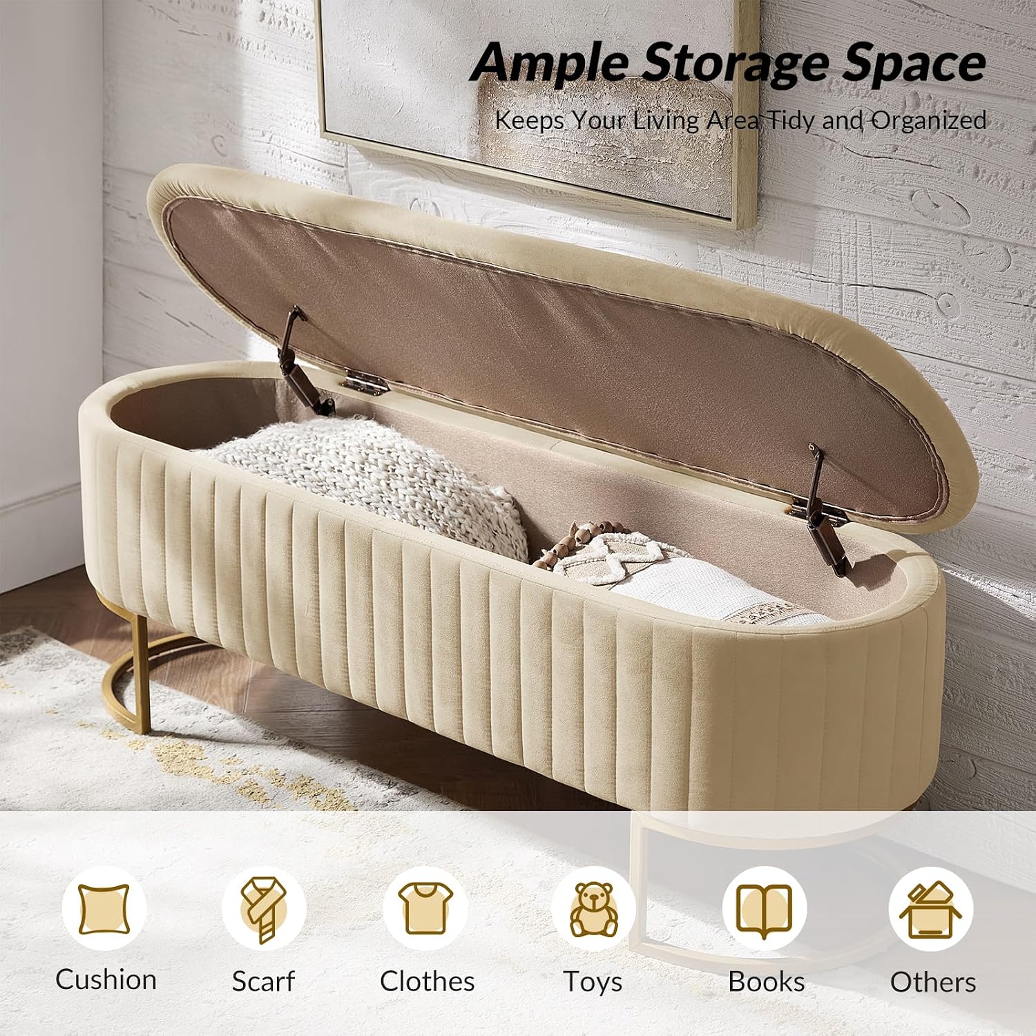 50.5' Velvet Storage Ottoman Bench with Gold-Toned Legs, Luxury Upholstered End of Bed Multi-Functional Footrest & Seat for Bedroom & Entryway