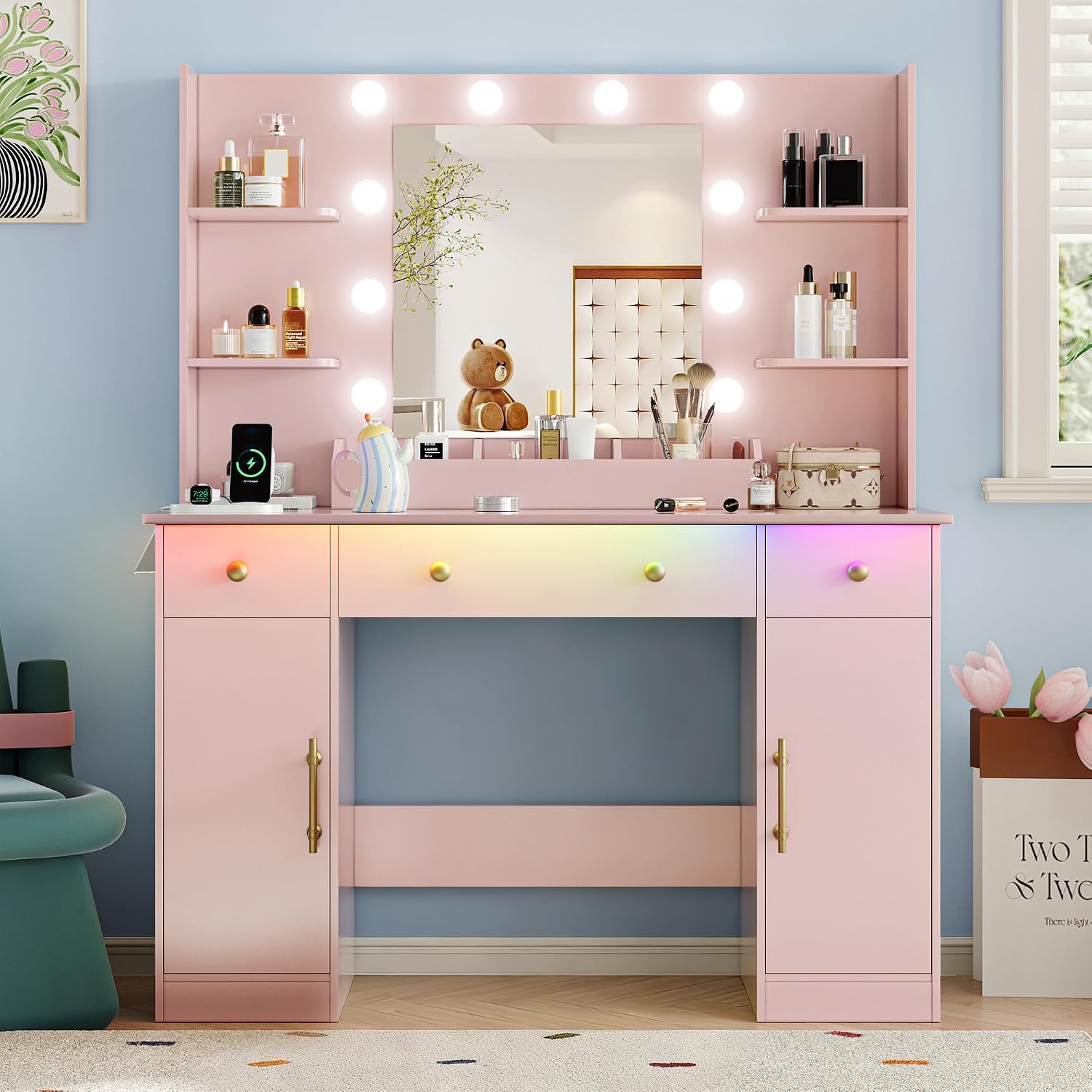 Vanity Desk with Mirror and Lights, 43'' Makeup Dressing Table Set with 5 Drawers & Power Outlet, 3 Lighting Modes Brightness Adjustable, Vanity with RGB Ambient Light for Women Girls Bedroom, Pink