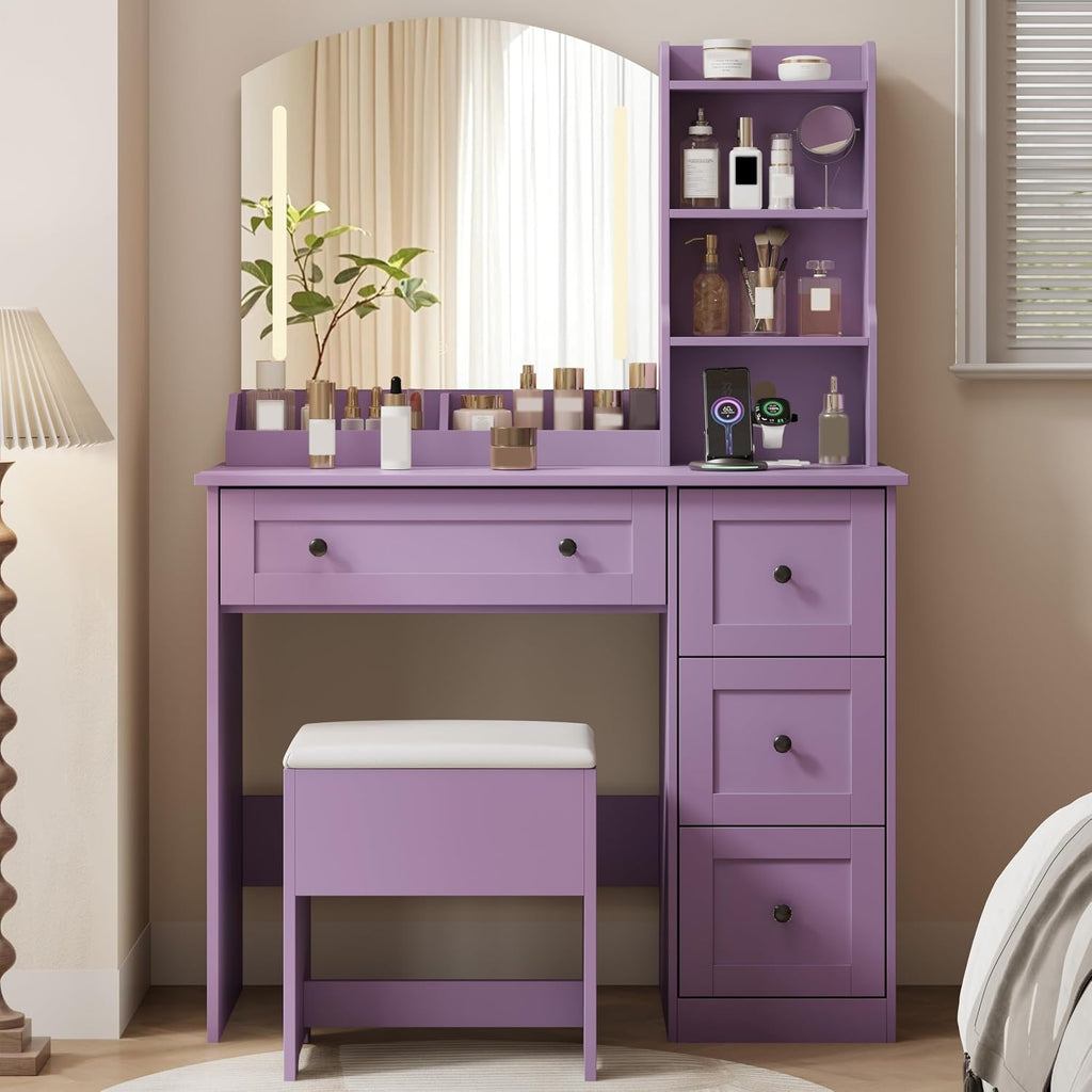 App & Button Controlled RGB Vanity with Arc Mirror, Small Makeup Vanity Table Set with Drawers & Chair, 3 Lighting Modes & Adjustable Brightness with Power Outlet, Vanity for Women Girls Bedroom