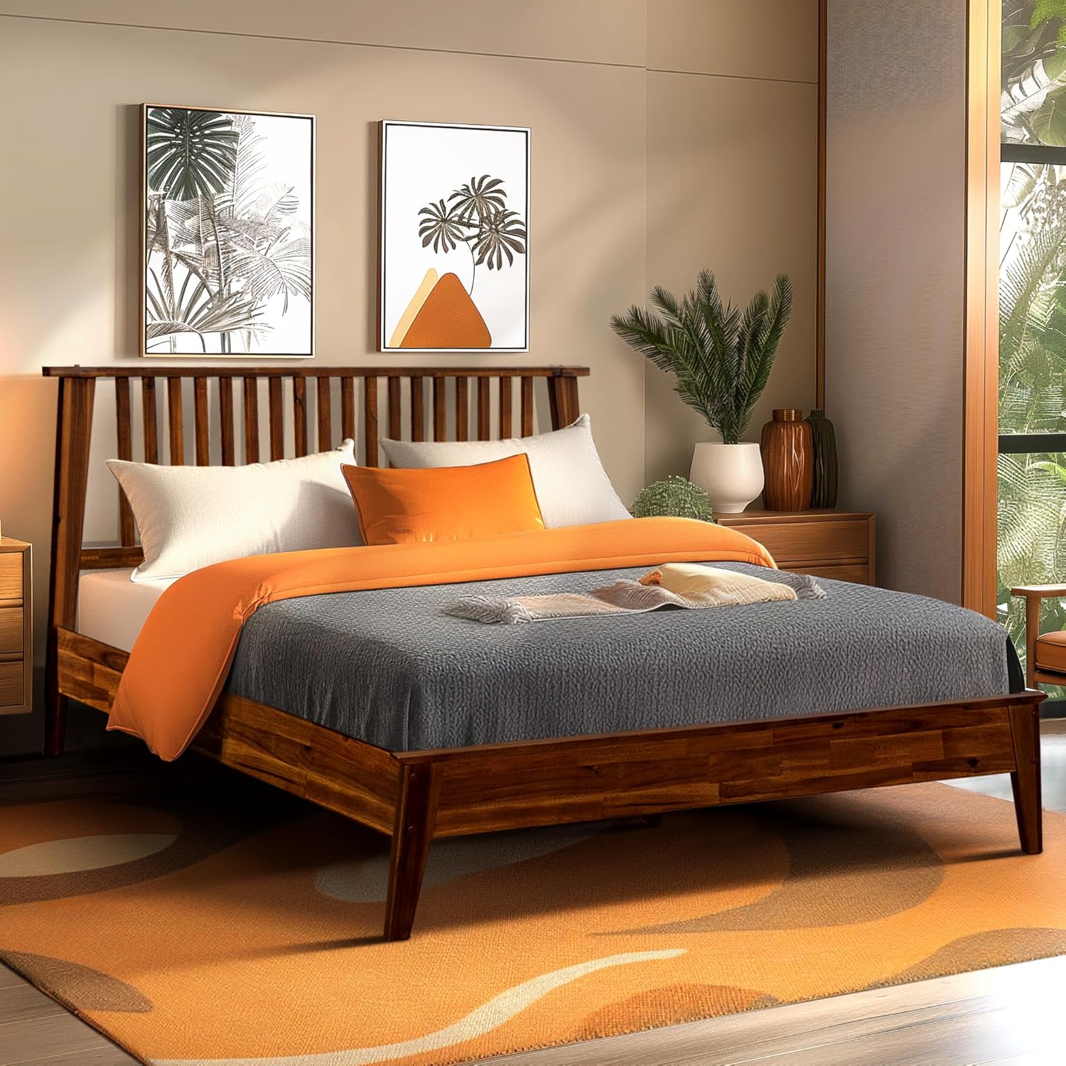 Acacia Kaylin Bed Frame with Headboard Solid Wood Platform Bed, King Bed Frame, Themed Headboard Wood Bed Compatible with All Mattress Types, No Box Spring Needed, Quick & Easy Assembly, Chocolate.