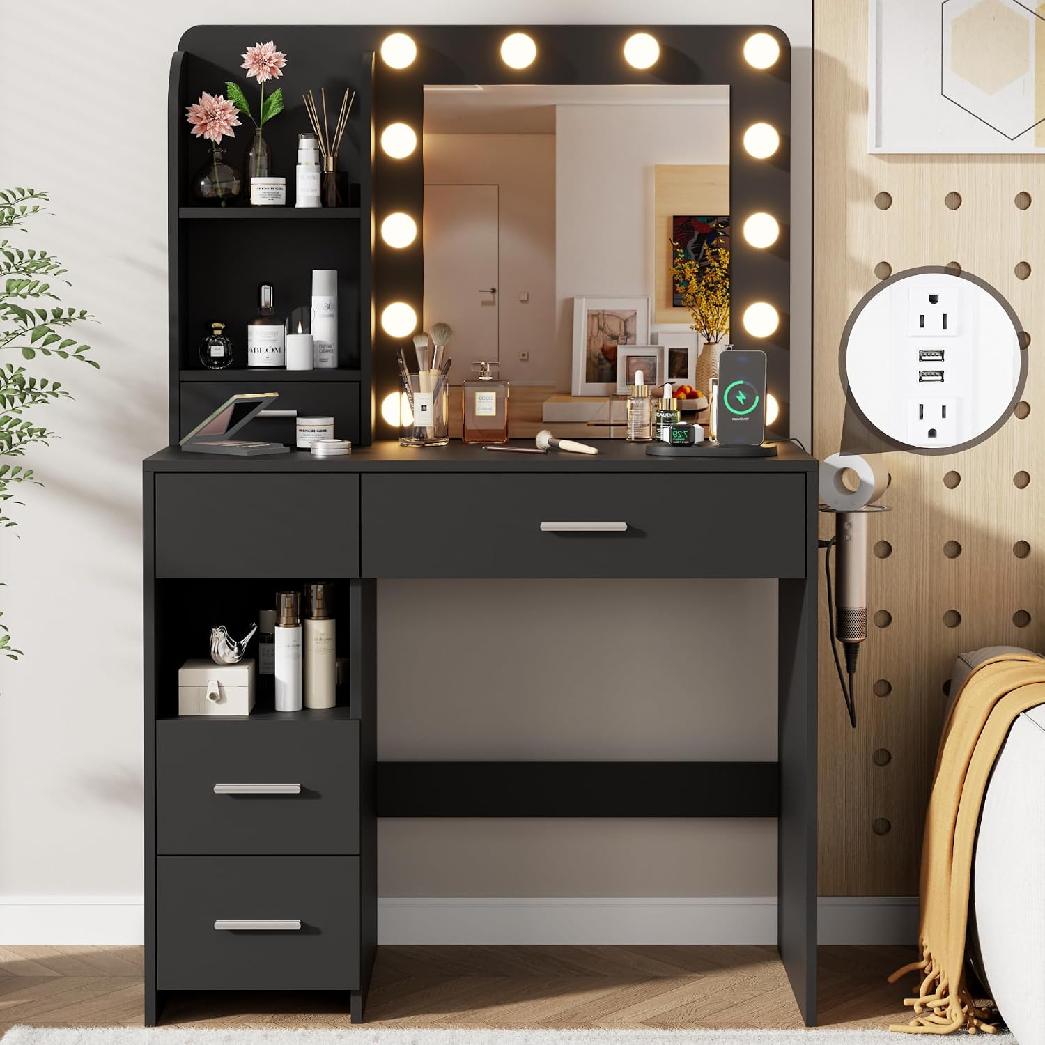 Otterease Vanity Desk with LED Lighted Mirror&Power Outlet, 3 Lighting Colors Makeup Vanity with 5 Large Drawers and 3 Storage Shelves, Vanity with Storage Stool for Bedroom, Black