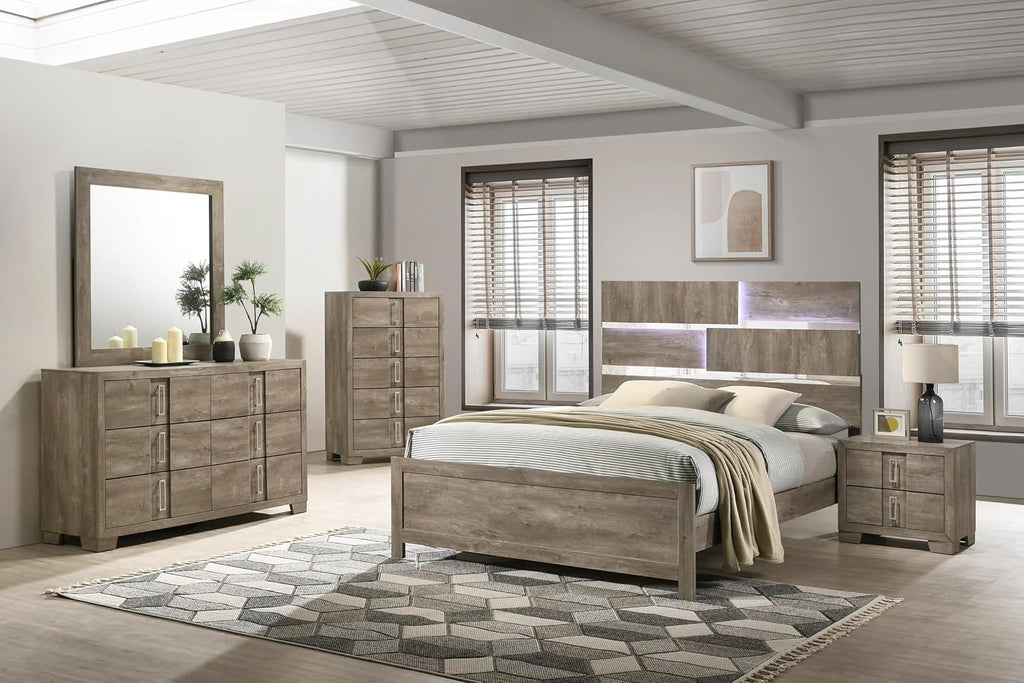 KB Designs - 5-Piece Bedroom Set with LED Panel Bed, Dresser with Mirror, Chest and Nightstand, Weathered Gray Oak Finish, Contemporary Rustic Design, King Size Bed