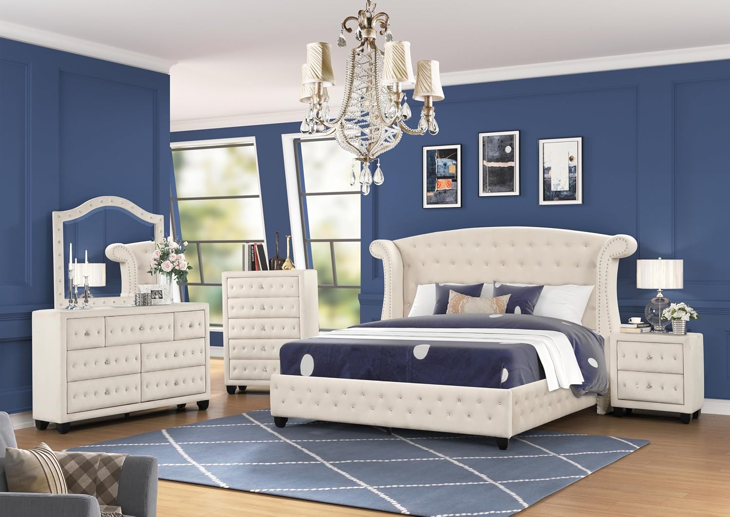 Generic King 5 Pc Bedroom Set Made with Wood in Cream