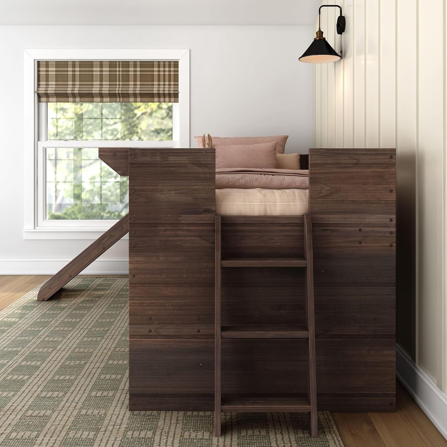 Max & Lily Modern Farmhouse Low Loft (Twin), with Slide, Barnwood Brown