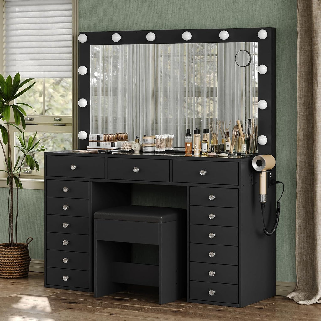 FUSOU 15 Drawers Vanity with Mirror and 12 LED Lights, Makeup Vanity with Charging Station, 3 Color Modes Adjustable Brightness, Glass Top Vanity Desk with Stool for Bedroom, Black