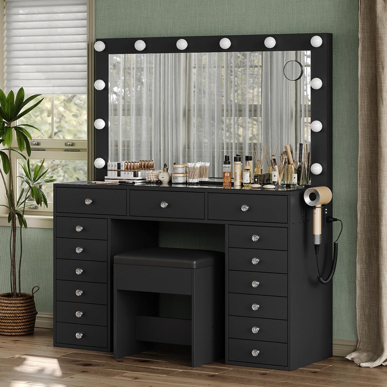 FUSOU 15 Drawers Vanity with Mirror and 12 LED Lights, Makeup Vanity with Charging Station, 3 Color Modes Adjustable Brightness, Glass Top Vanity Desk with Stool for Bedroom, Black