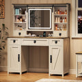 MSmask Farmhouse Makeup Vanity Desk with Sliding Mirror and Lights, 47.2' Big Vanity Table with Charging Station, Makeup Desk with 5 Drawers & 2 Cabinets, White