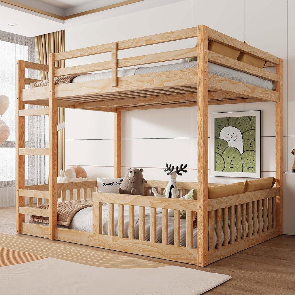 Stylish Full Over Full Wood Bunk Bed with Ladder and Guardrails,Ideal for Bedrooms, Guest Rooms, Dormitories, No Box Spring Needed (Natural/FF)