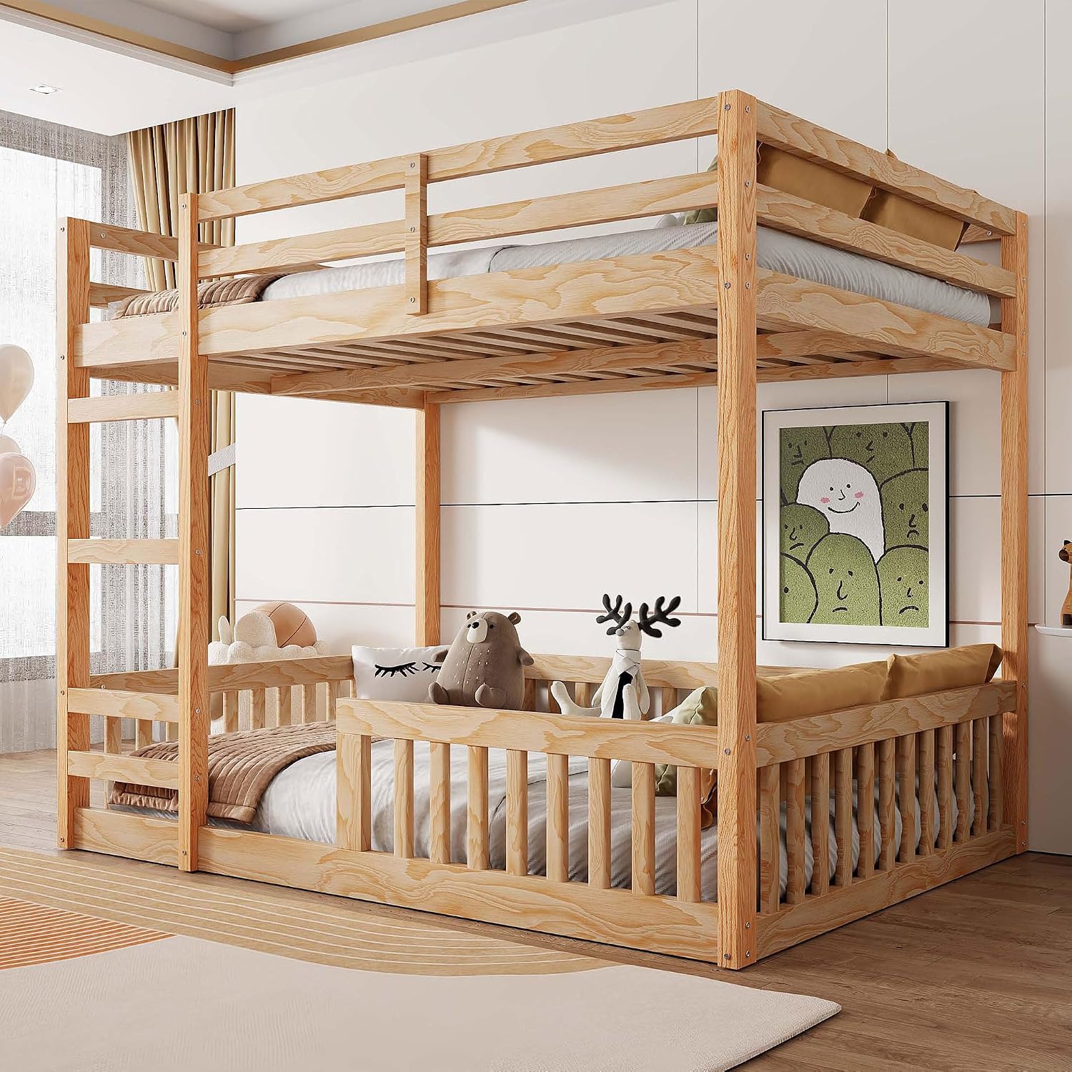 Stylish Full Over Full Wood Bunk Bed with Ladder and Guardrails,Ideal for Bedrooms, Guest Rooms, Dormitories, No Box Spring Needed (Natural/FF)