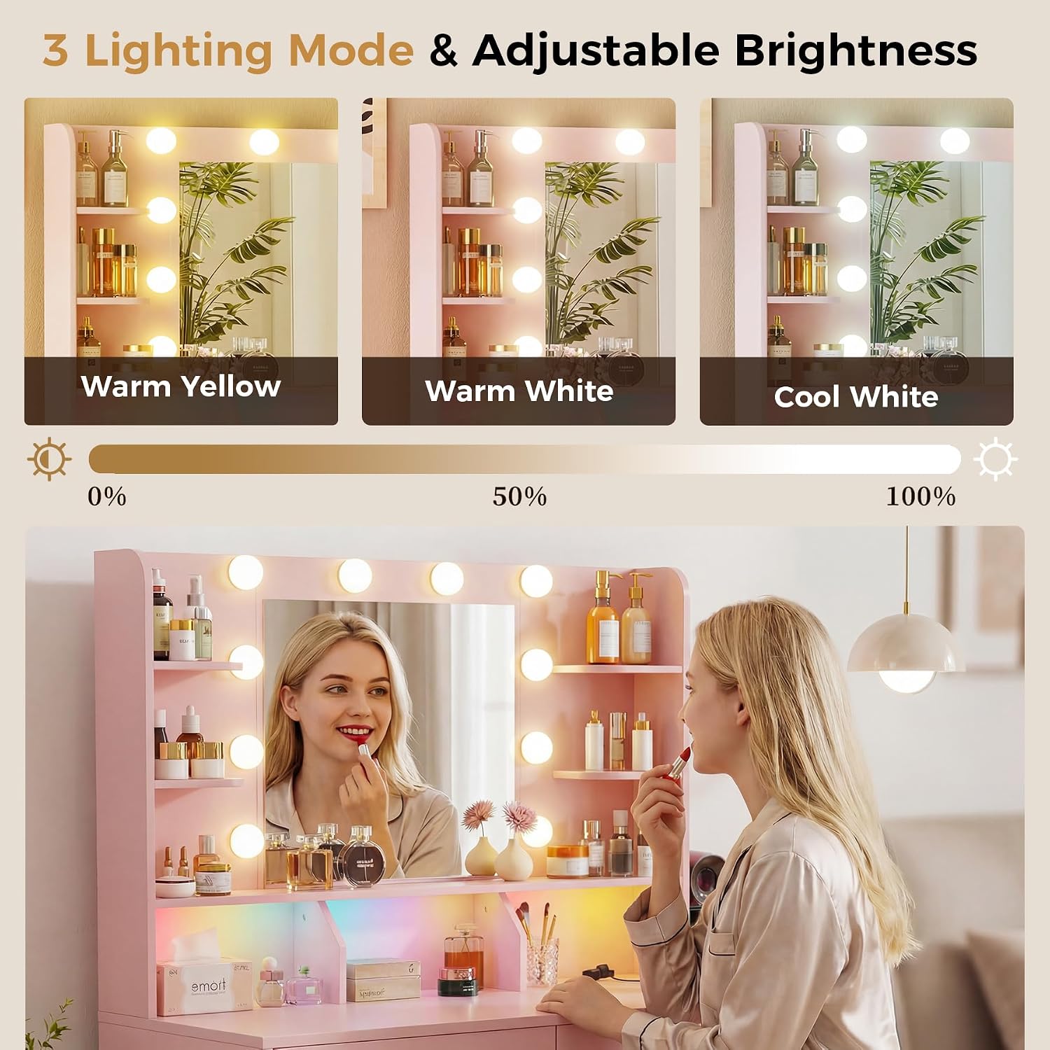 COMHOMA Vanity Desk with Lighted Mirror and Power Outlet, RGB LED Lights Makeup Vanity Set for Girls, Large Storage Capacity Dressing Table for Bedroom, 3 Lighting Modes Adjustable Brightness, Pink