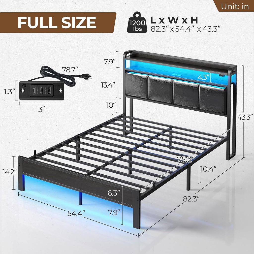 Rolanstar Bed Frame Full Size with Charging Station and LED Lights, PU Leather Headboard with Storage Shelves, Heavy Duty Metal Slats, No Box Spring Need, Noise Free, Easy Assembly, Black