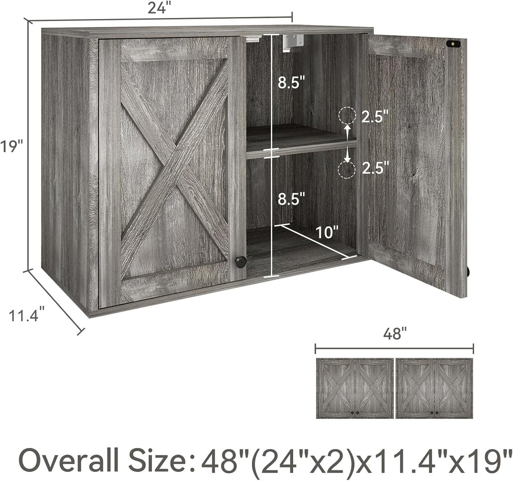 YOURLITE Laundry Cabinet, Medicine Cabinet, Bathroom Kitchen Storage Wall Mounted Farmhouse Organizer with Shelves Over Toilet, One Set of 2 Pieces X 24', Grey