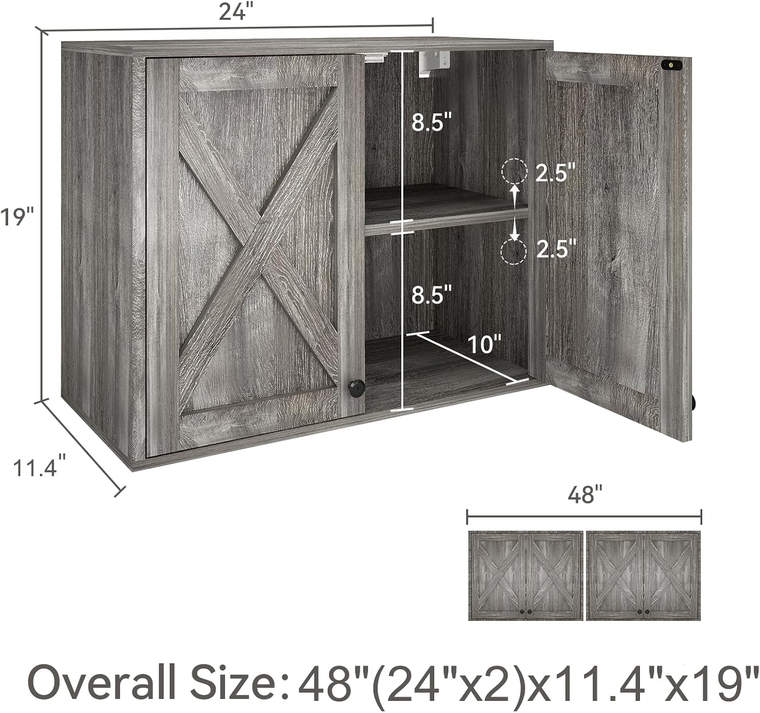 YOURLITE Laundry Cabinet, Medicine Cabinet, Bathroom Kitchen Storage Wall Mounted Farmhouse Organizer with Shelves Over Toilet, One Set of 2 Pieces X 24', Grey