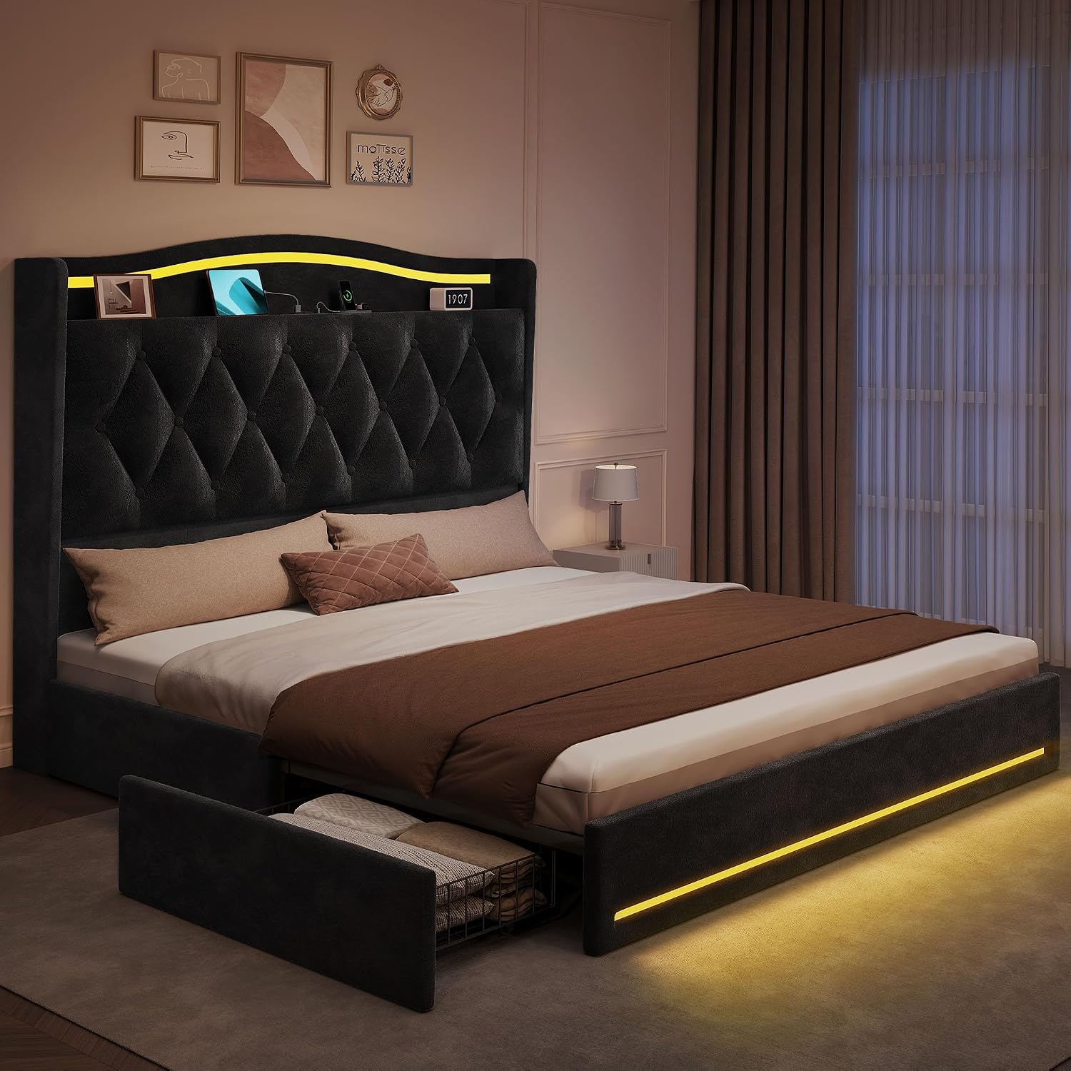 DWVO Queen Size Bed Frame with 4 Storage Drawers and RGB LED Lights, 57'' Tall Headboard Velvet Upholstered Bed with Charging Station, No Box Spring Needed, Easy Assembly, Noise-Free, Black