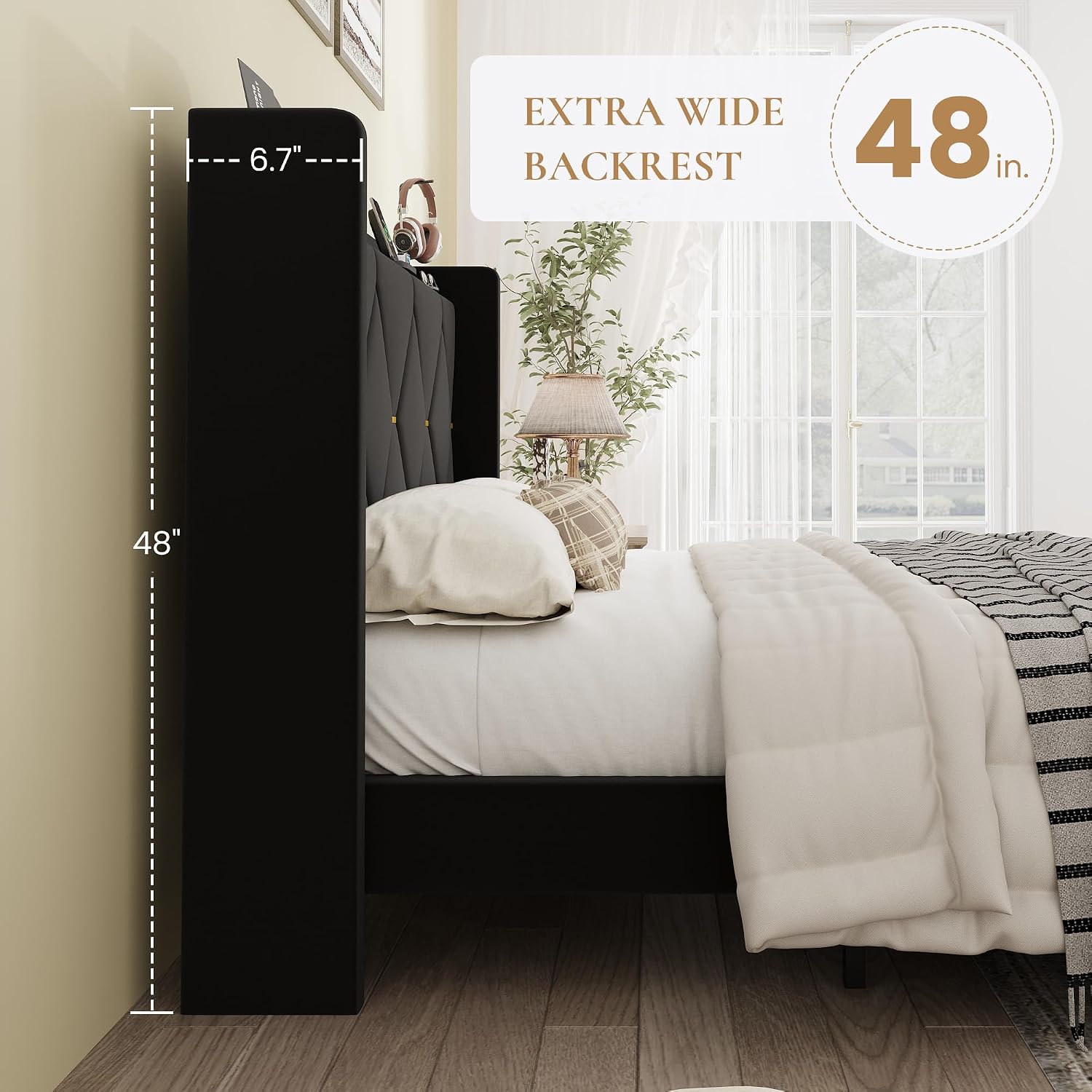 SHA CERLIN King Size Velvet Upholstered Bed Frame with Charging Station, Modern Wingback Storage Headboard, Diamond Stitched & Gold Trim, No Box Spring Needed, Easy Assembly, Black