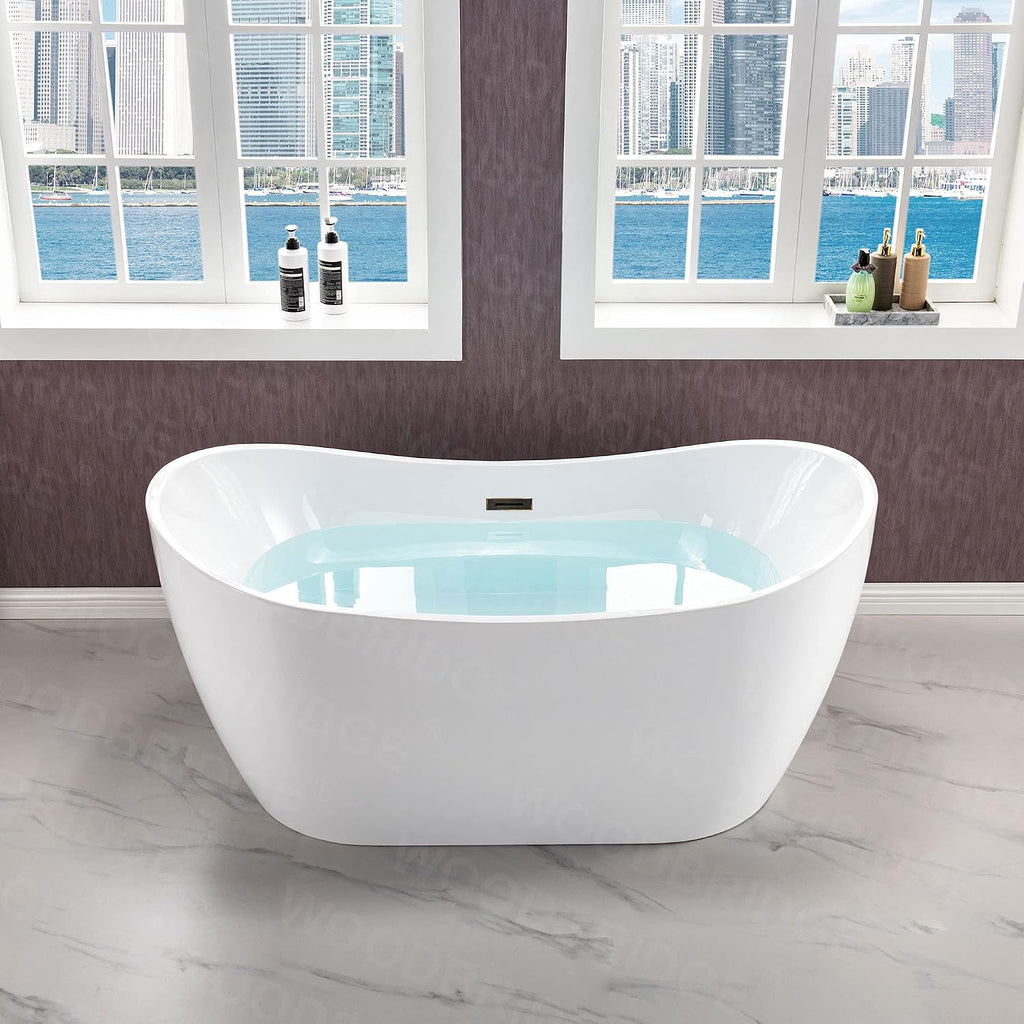 WOODBRIDGE 59' Acrylic Freestanding Bathtub Contemporary Soaking White Tub with Oil Rubbed Bronze Overflow and Drain,B0016-ORB