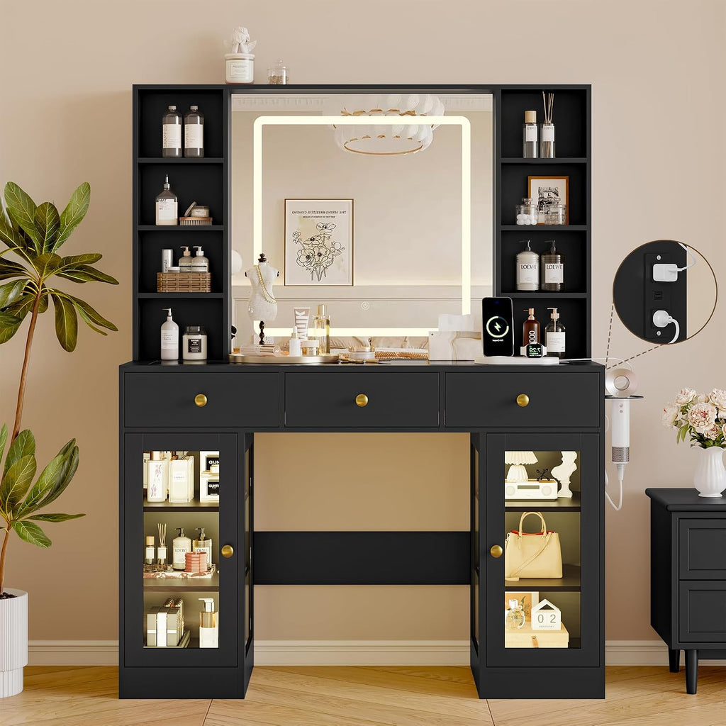Makeup Vanity Desk with Mirror and Lights, 43' Black Vanity with Glass Top, Jewelry Storage, 3 Drawers & Glass Cabinets, Power Outlet & Adjustable LED Lights, Dressing Table for Women & Girls Bedroom