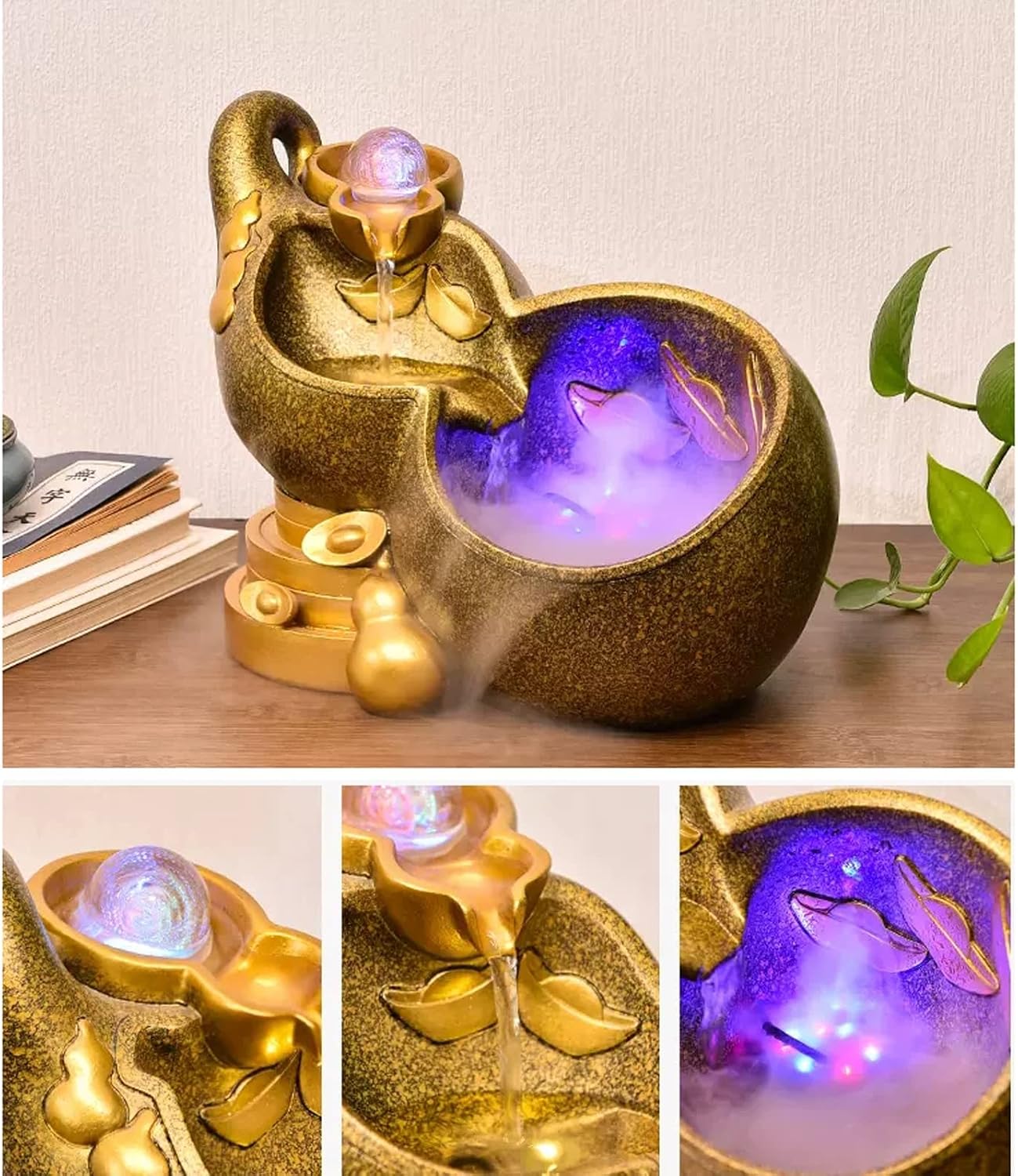 Tabletop Water Fountain Indoor Fountain Tabletop Fountain Resin Golden Gourd Mini Waterfall Fountains Water Feature Feng Shui Zen Meditation Desktop Fountain with Rolling Ball for Home Office Decor In