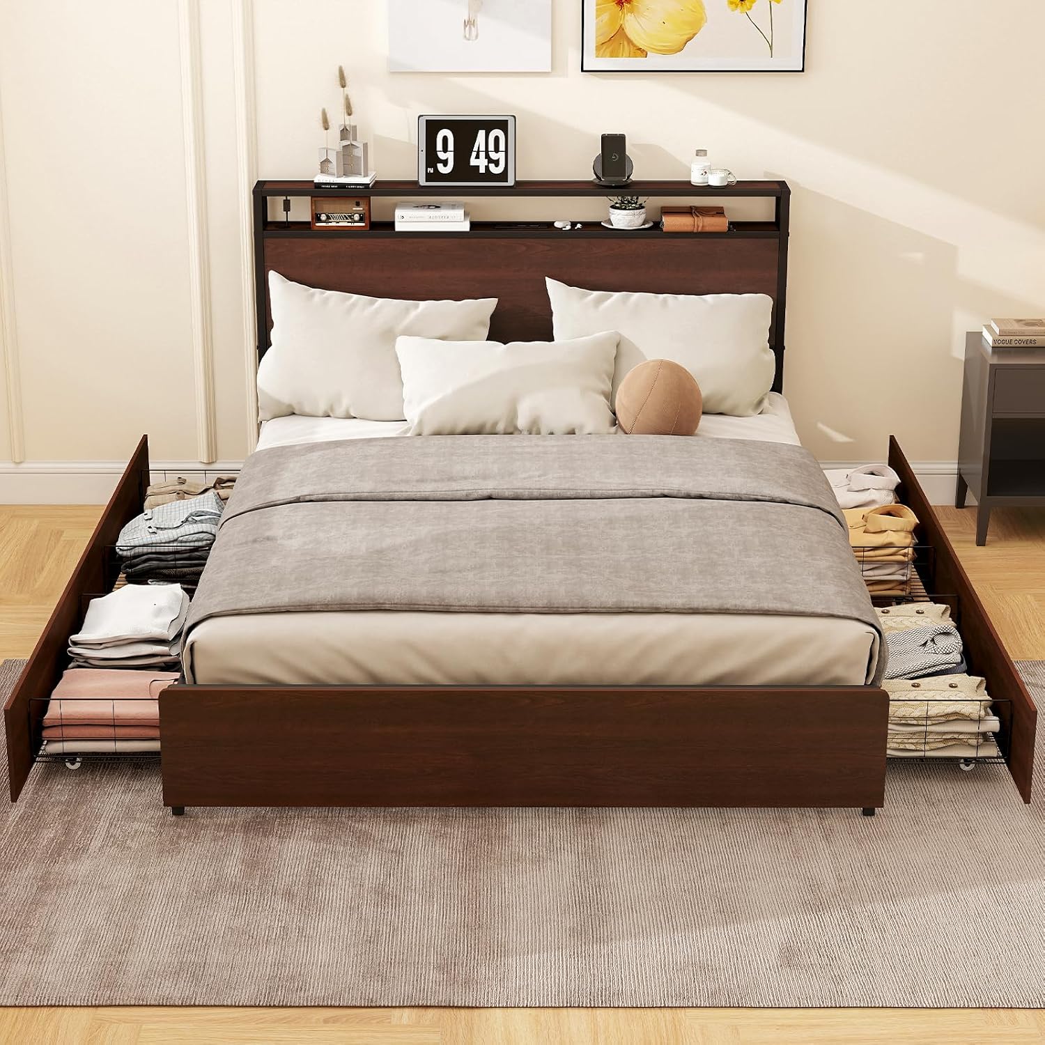 Zevemomo Full Bed Frame with 4 Storage Drawers, Full Size Platform Bed Frame with Headboard, Built-in Charging Station & LED Lights, No Box Spring Needed