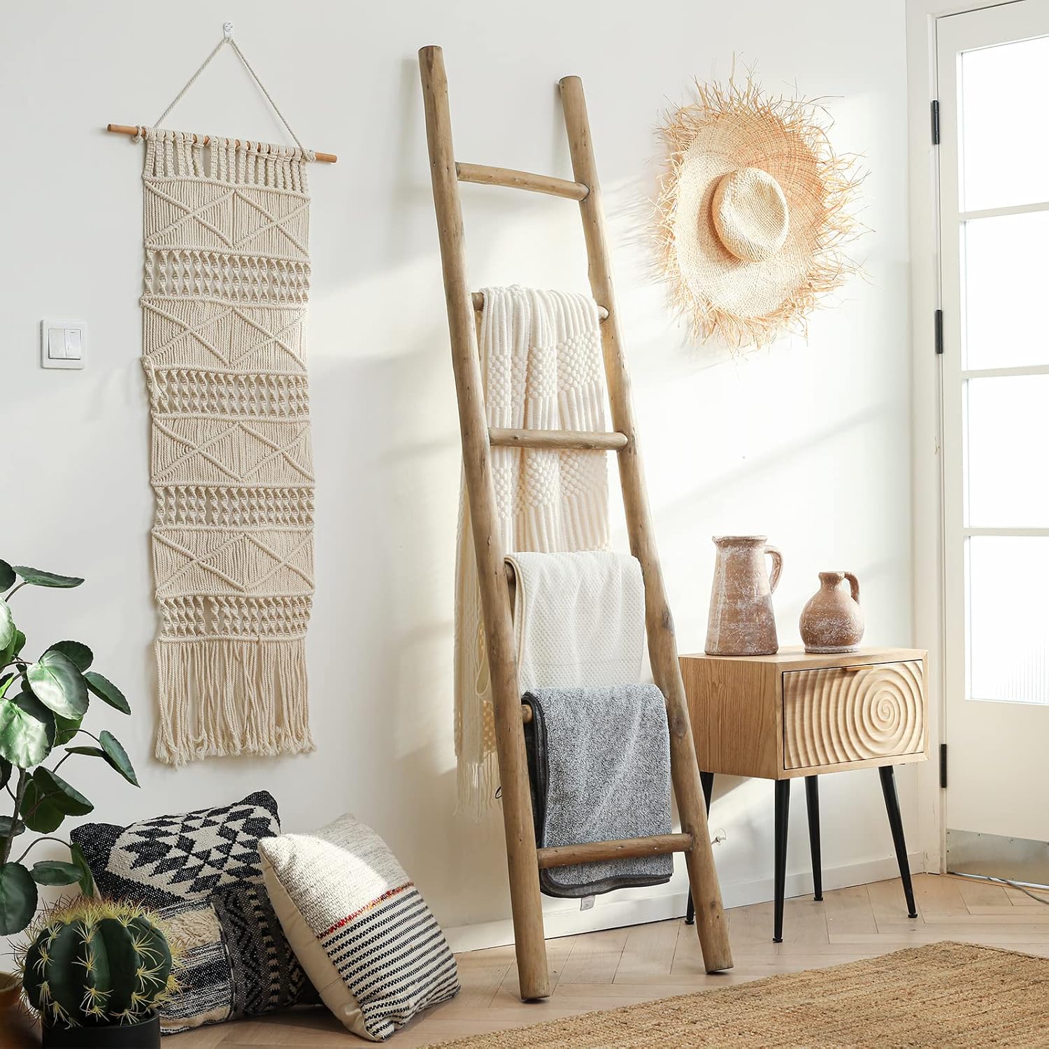 FUIN Fully Assembled 6ft Wood Blanket Ladder Living Room Decorative Wall Leaning Farmhouse Quilt Display Holder Rustic Wooden Towel Rack for Bathroom, Brown