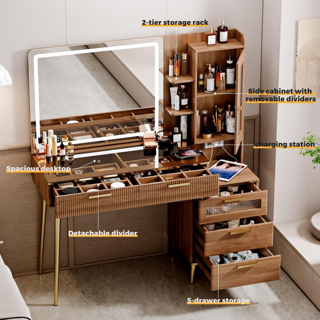 Arulvmrn Vanity Desk with 29.53' HD Lighted Mirror, 47.24' Big Modern Vanity Desk with Mirror and Lights, Makeup Vanity with 5 Drawers and Storage Shelves and Charging Station,Brown1