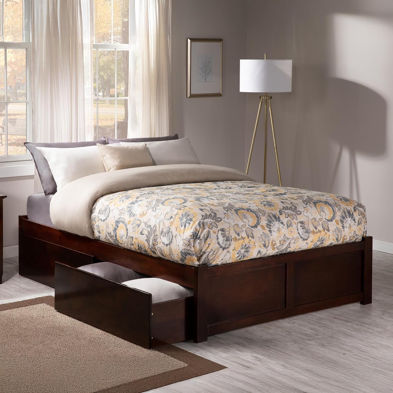 AFI Concord Queen Size Platform Bed with Footboard & Storage Drawers in Walnut